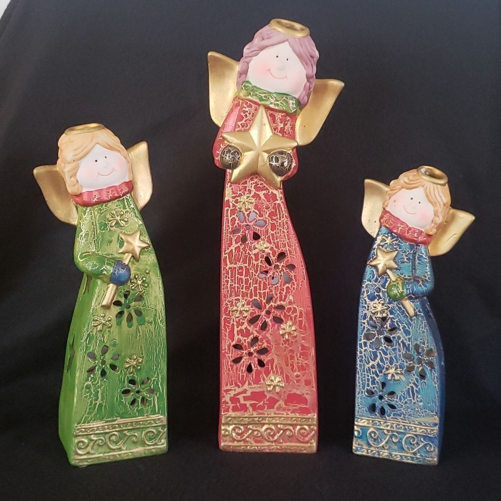 Vintage Set of 3 Lovely Ceramic Angel Votive Tealight Candle Holder Luminaries